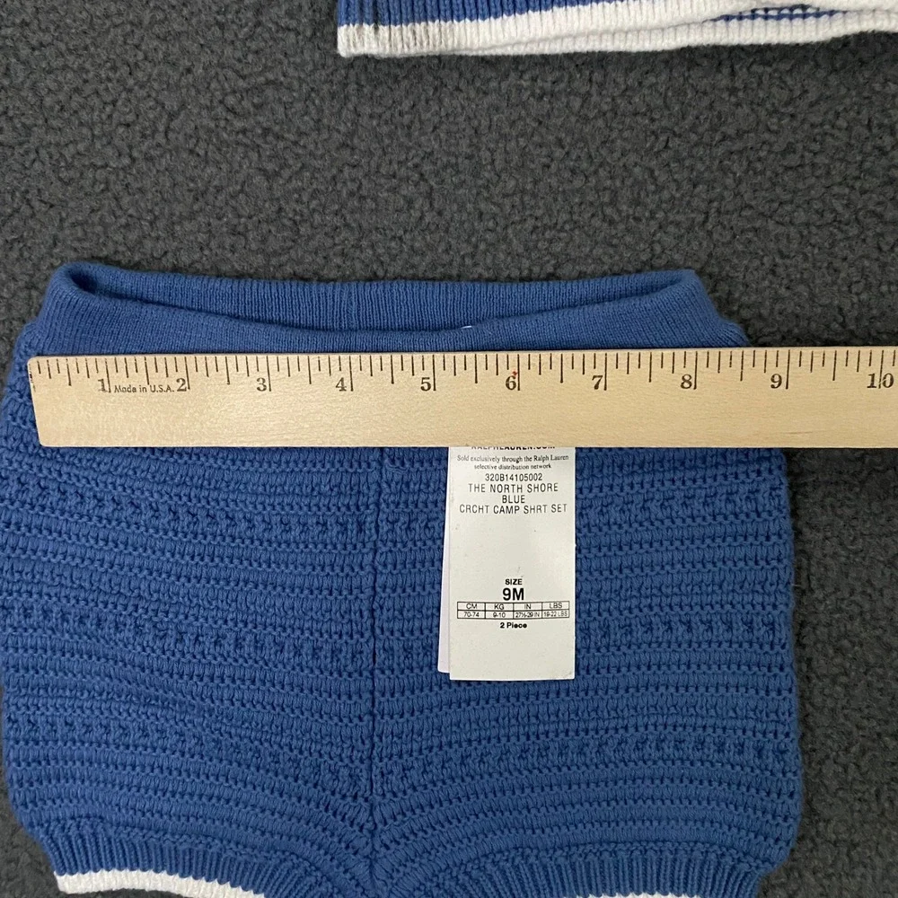 Ralph Lauren Crochet Camp Shirt Set Baby 9 Months Blue 2 Piece Knit Preppy